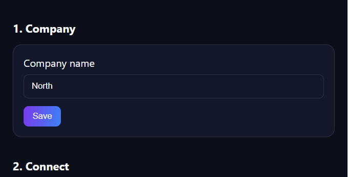 Company name field filled in, with a Save button
