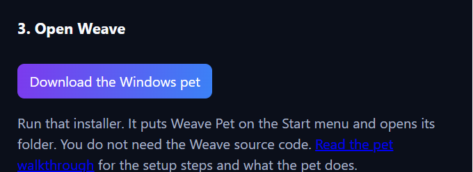Setup page with the Download the Windows pet button