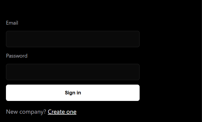 Sign in form with email, password, and a link to create a company